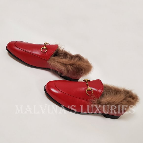 GUCCI SHOES JORDAAN HORSEBIT SHEARLING FUR RED LEATHER LOAFERS 37.5 7.5 US - Picture 4 of 16